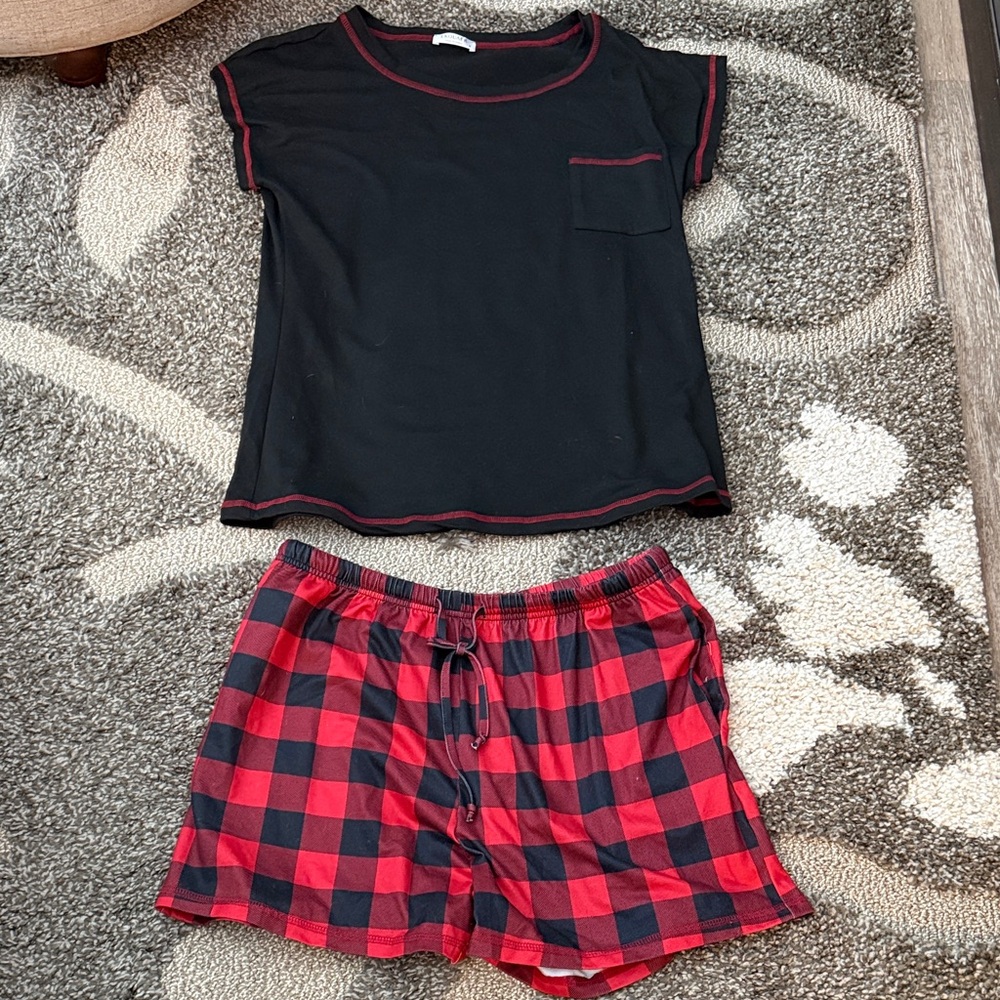 Ekouaer Black Red Contrast Trim Buffalo Plaid Shorts Pajama Set M